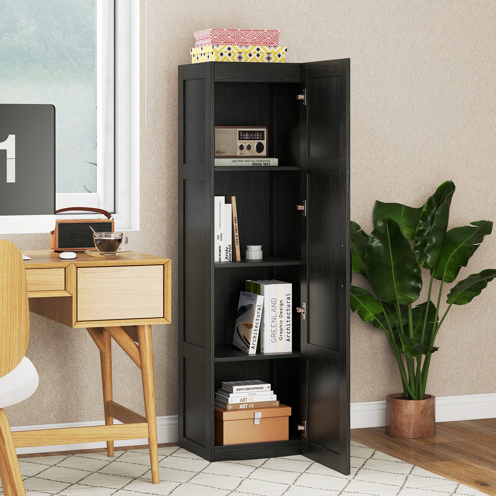 Tall Storage Cabinet with 4 Storage Shelves for Bathroom Living Room-Black