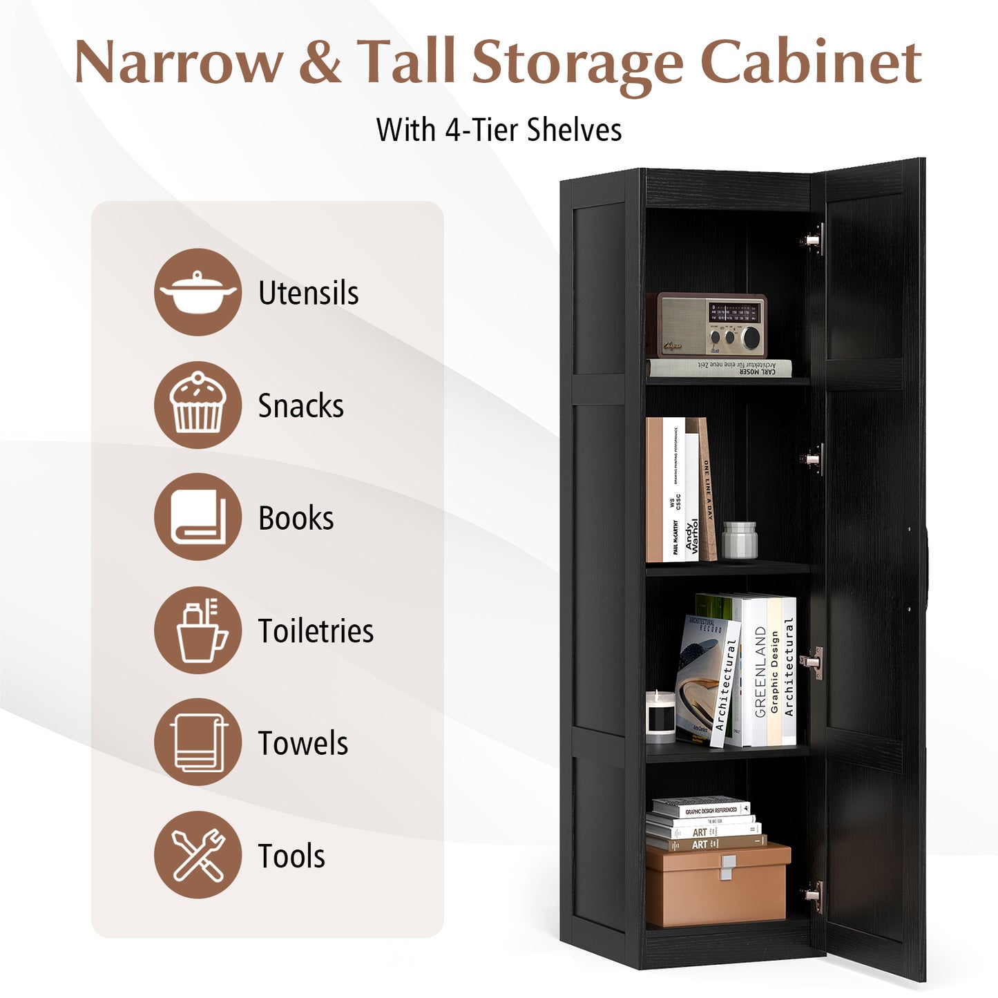 Tall Storage Cabinet with 4 Storage Shelves for Bathroom Living Room-Black
