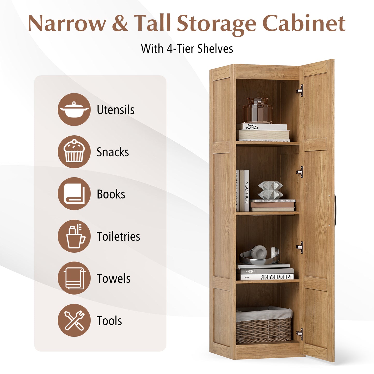 Tall Storage Cabinet with 4 Storage Shelves for Bathroom Living Room-Natural