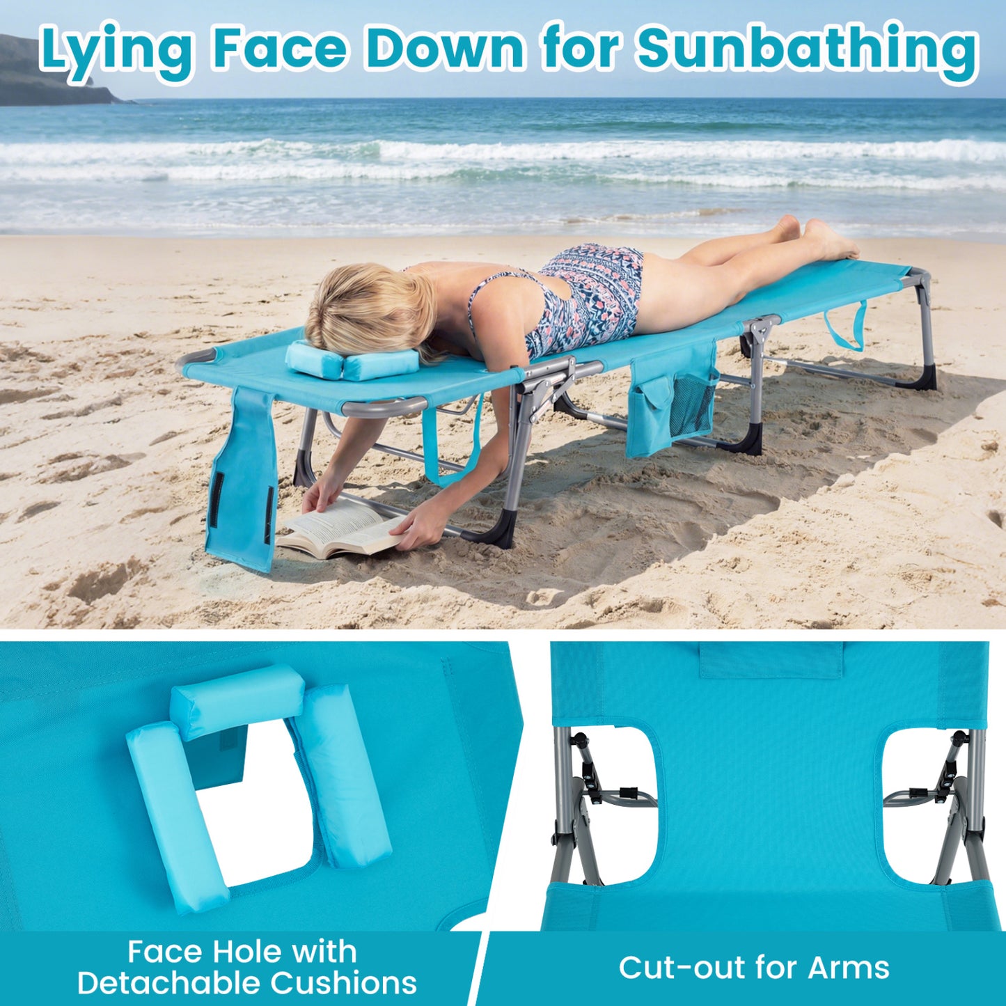 Tanning Chair with Face Arm Holes Folding Chair-Turquoise