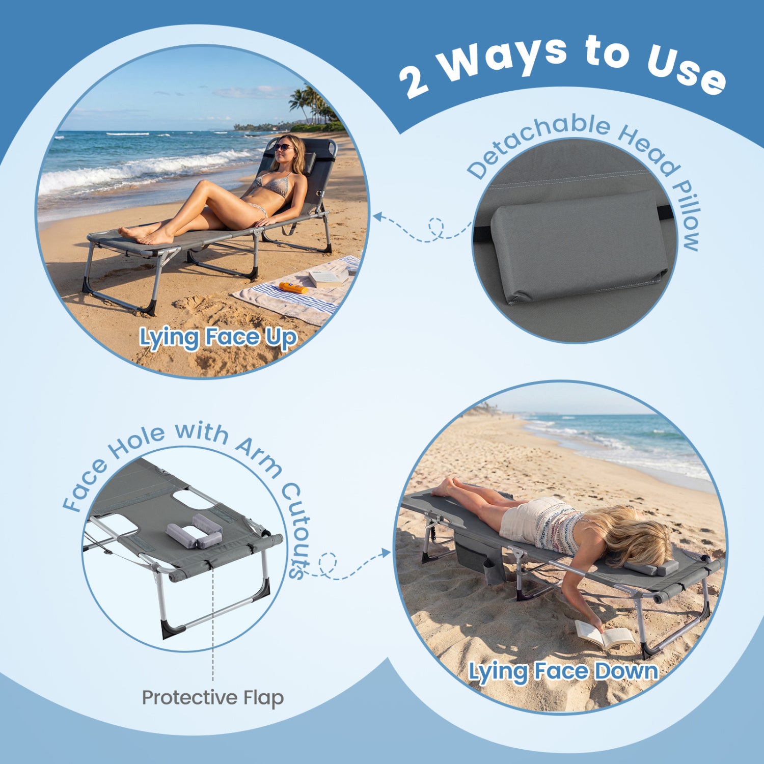 Tanning Chair with Face Arm Holes Portable Sunbathing Chair-Gray