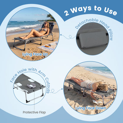 Tanning Chair with Face Arm Holes Portable Sunbathing Chair-Gray