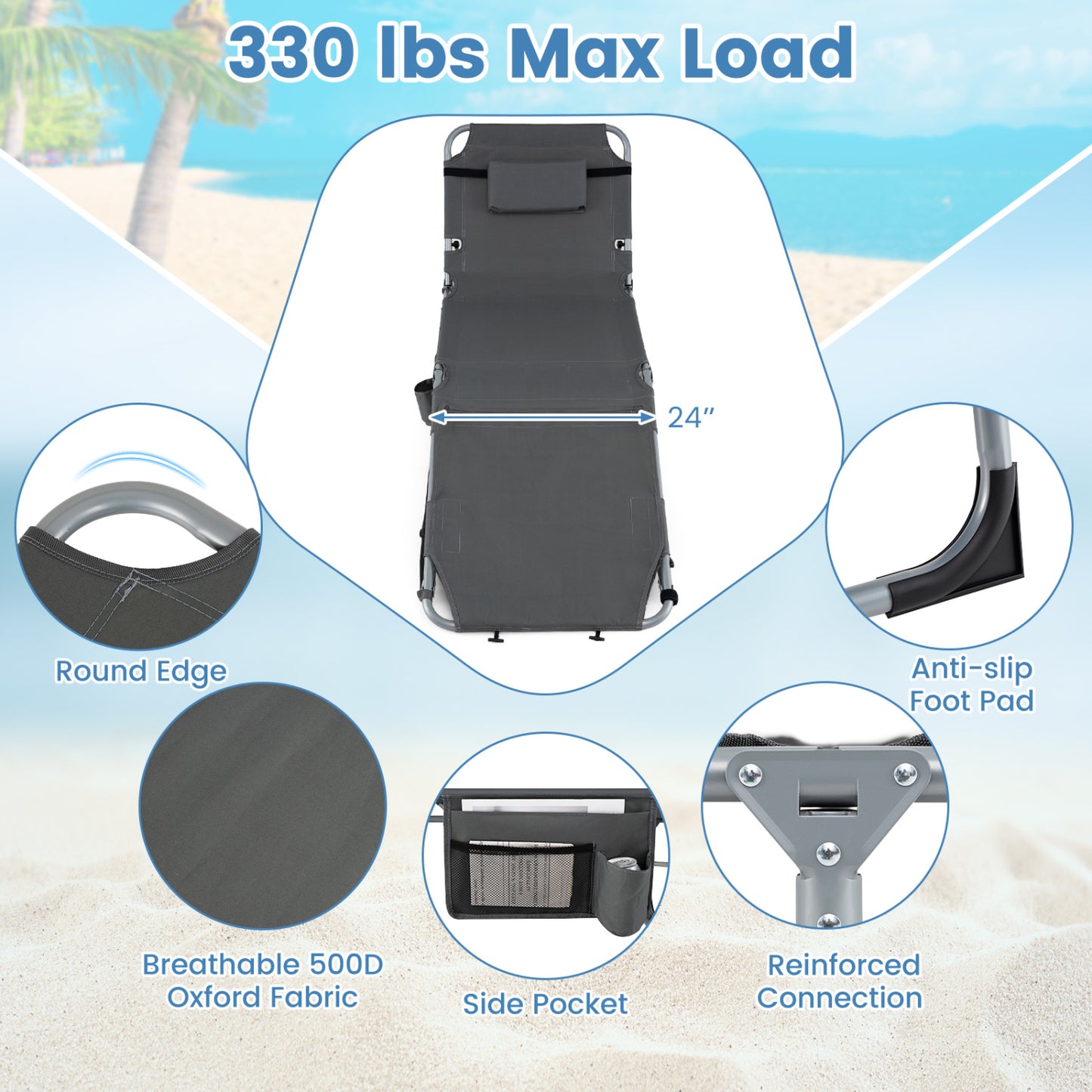 Tanning Chair with Face Arm Holes Portable Sunbathing Chair-Gray