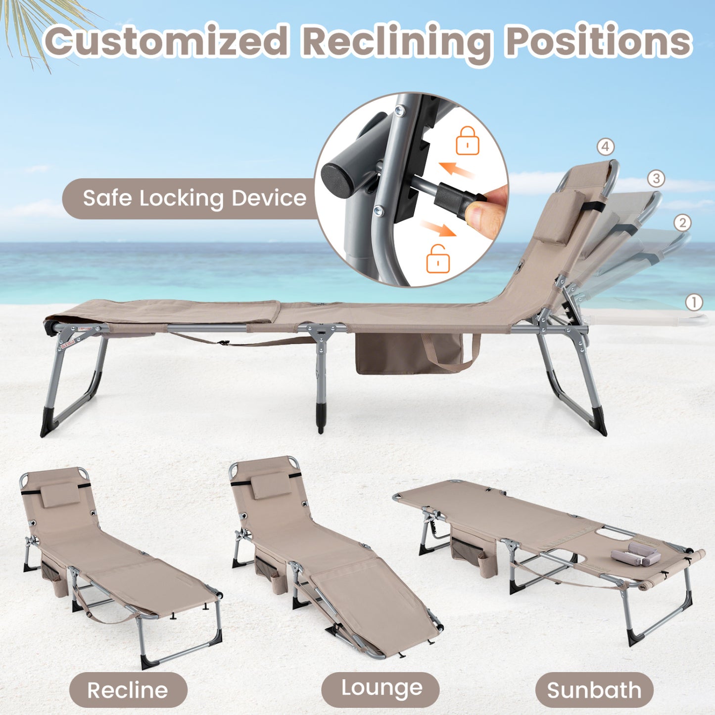 Tanning Chair with Face Arm Holes Portable Sunbathing Chair-Beige
