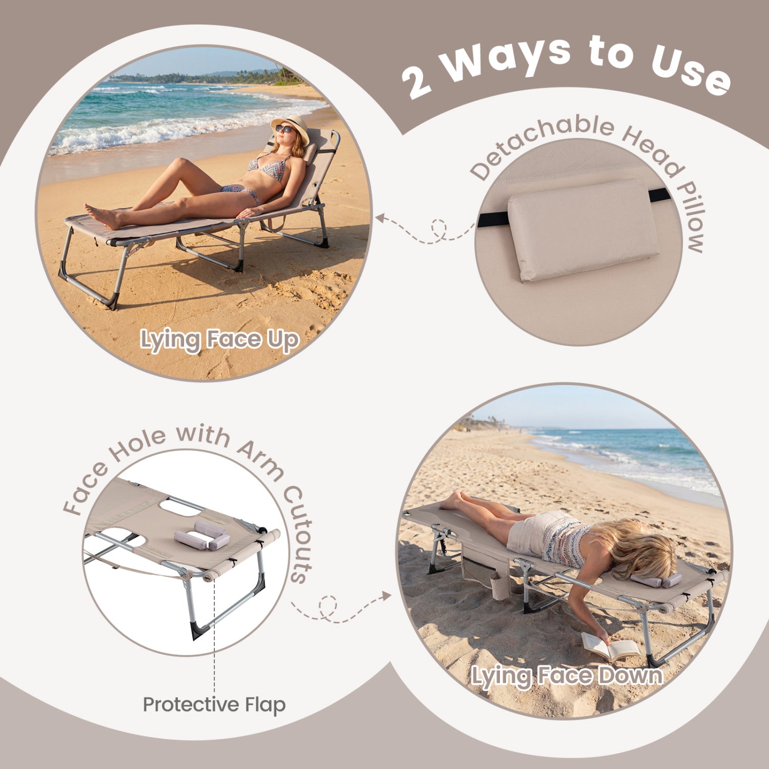 Tanning Chair with Face Arm Holes Portable Sunbathing Chair-Beige