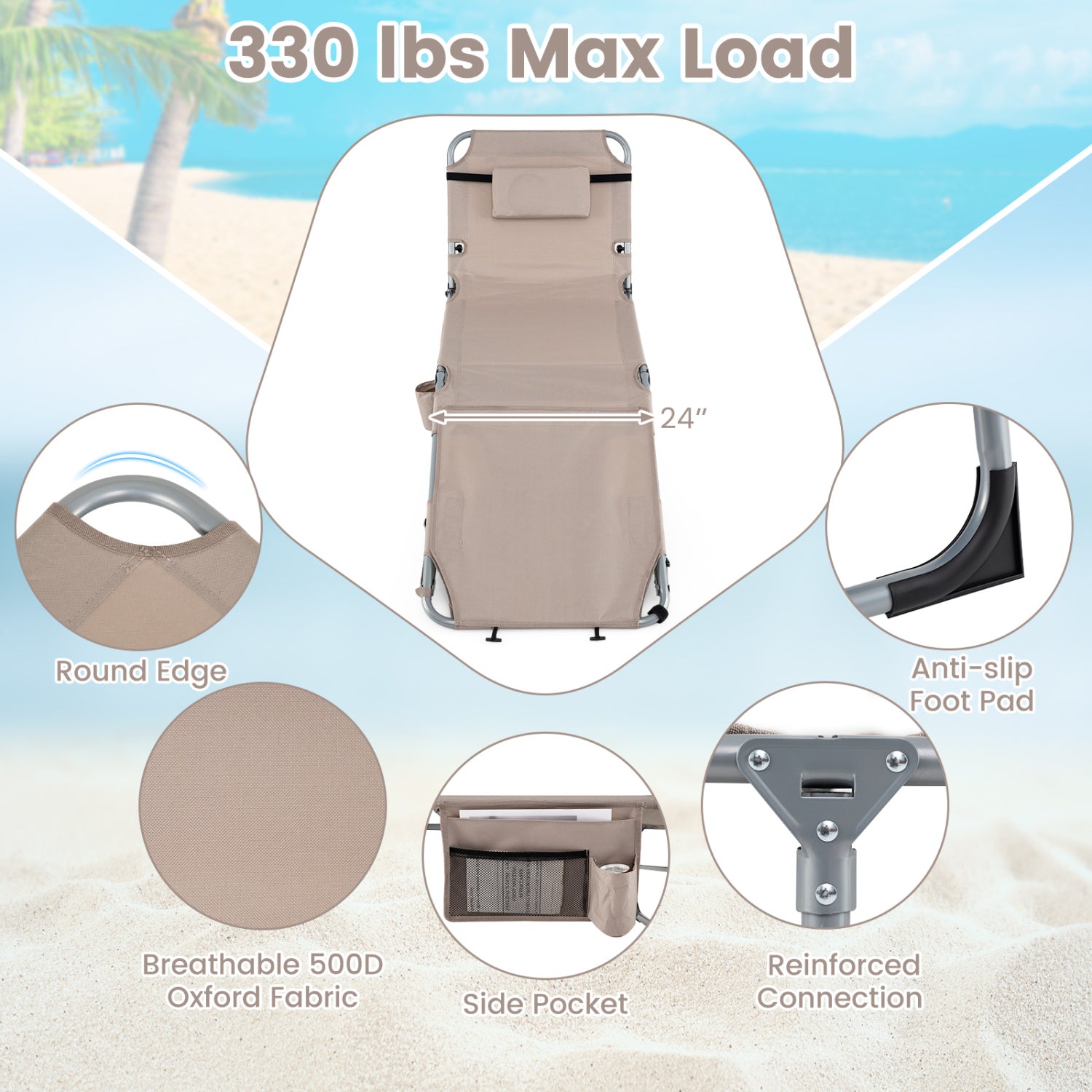 Tanning Chair with Face Arm Holes Portable Sunbathing Chair-Beige