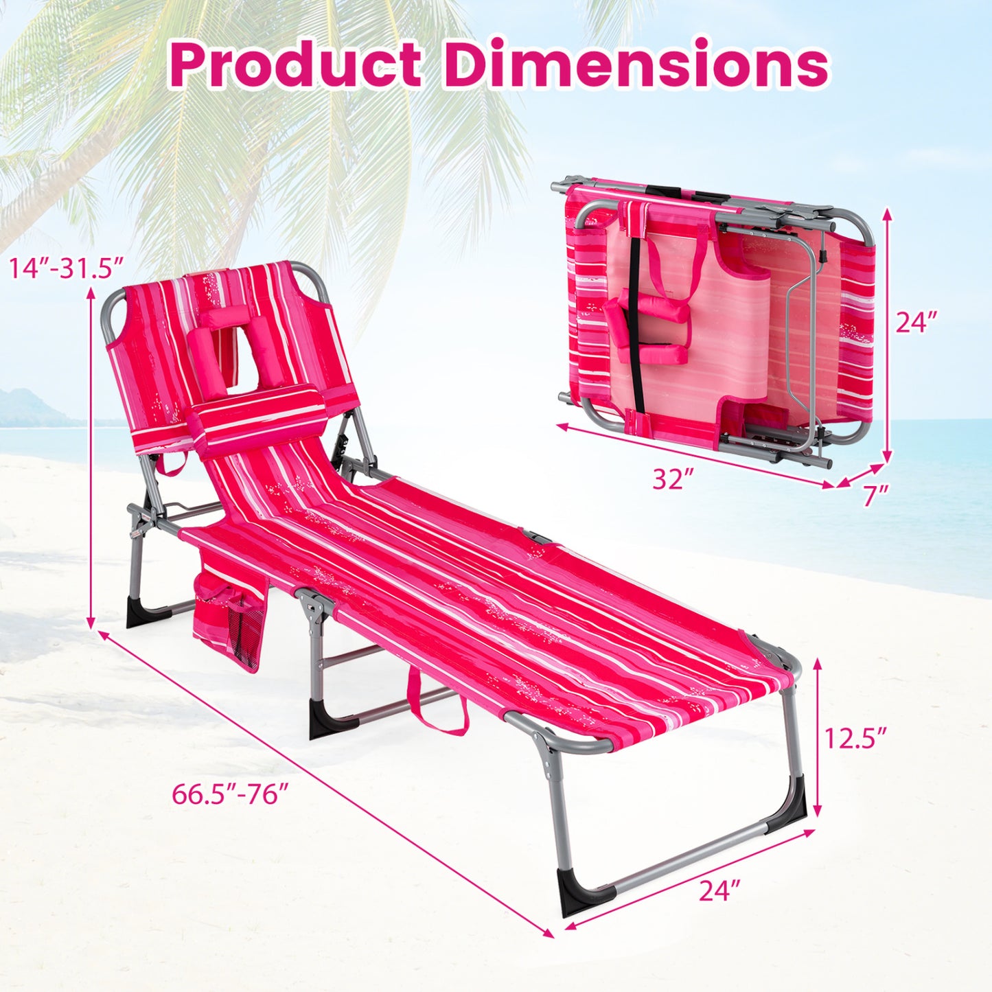 Tanning Chair with Face Arm Holes Folding Chair-Pink Stripe - Pink Stripe