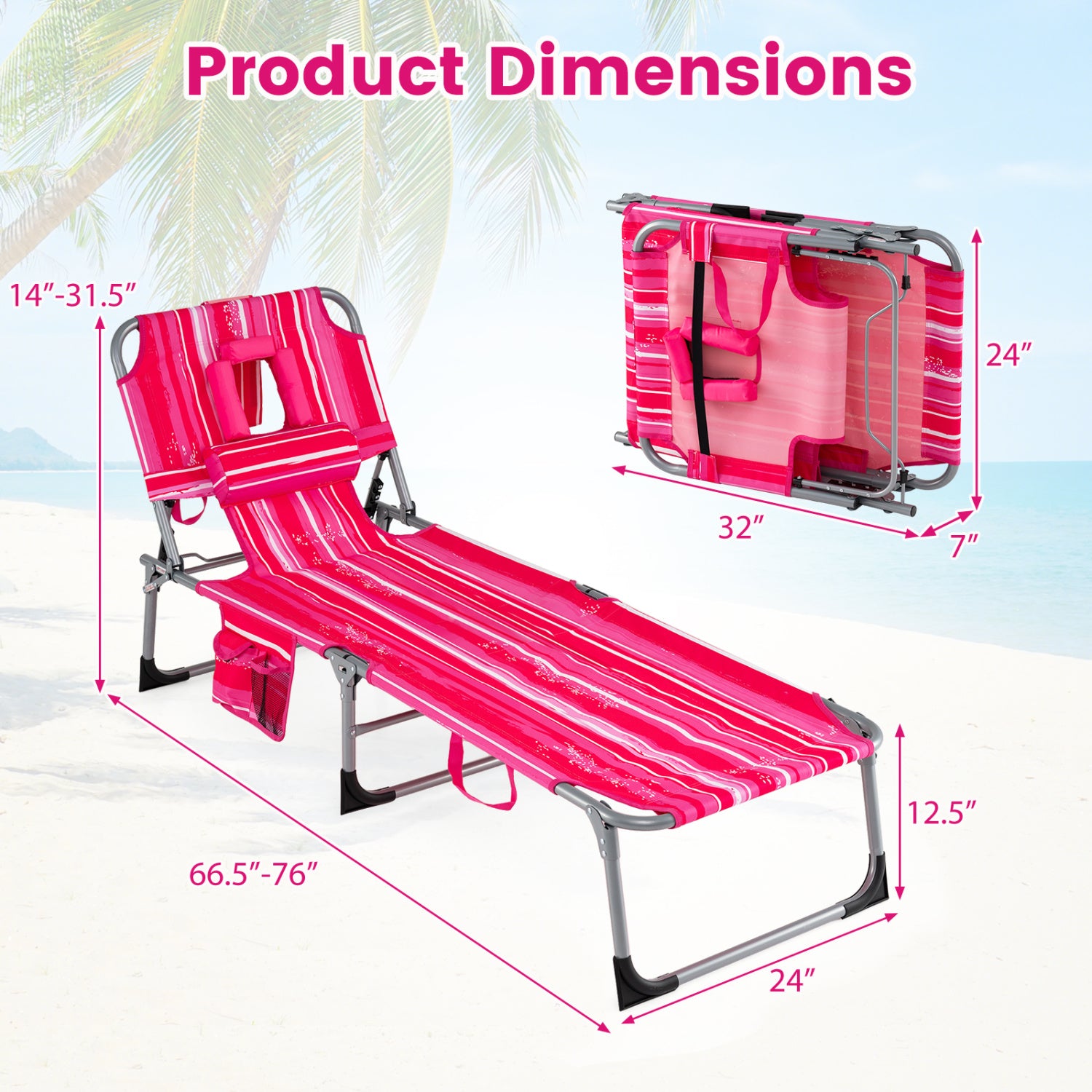 Tanning Chair with Face Arm Holes Folding Chair-Pink Stripe - Pink Stripe