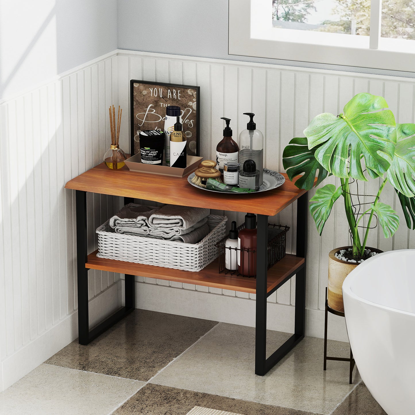 2-Tier Teak Wood End Table Sofa Side for Living Room Hallway Laundry