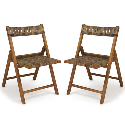 Teak Folding Patio Chairs Set of 2 with Woven Rattan