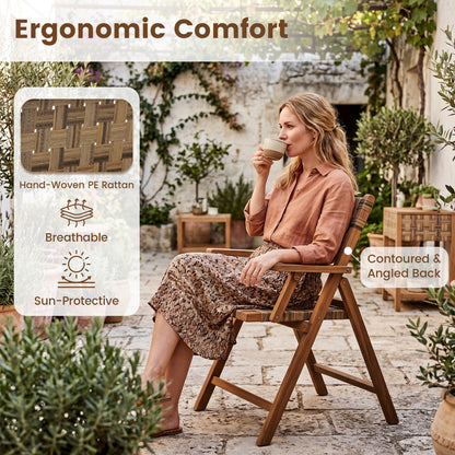 Teak Folding Patio Chairs Set of 2 with Woven Rattan
