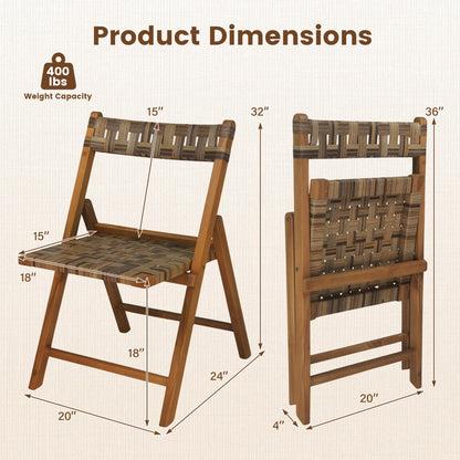 Teak Folding Patio Chairs Set of 2 with Woven Rattan