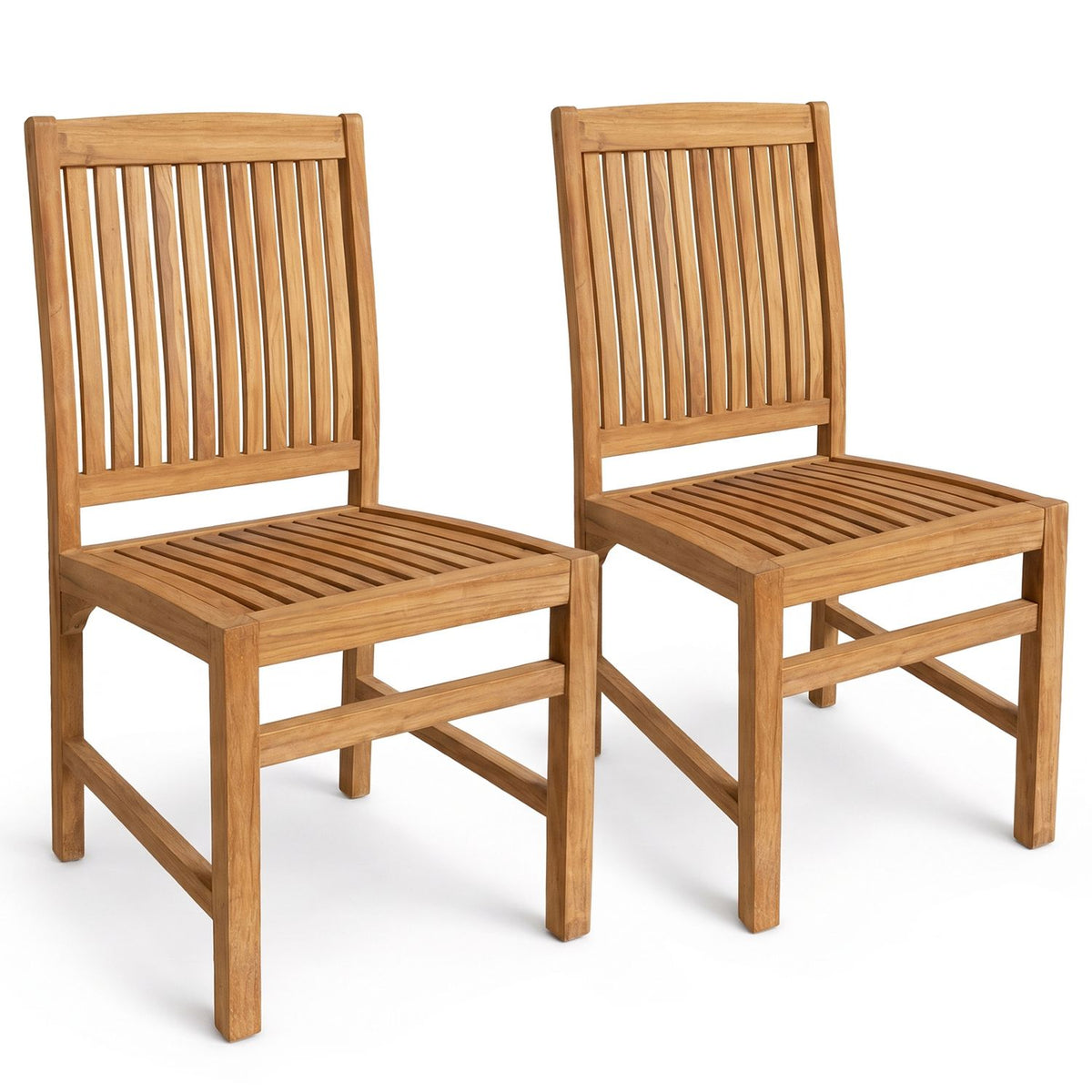 Teak Wood Armless Dining Chairs Set of 2 with Slatted Seat and H-Shaped Footrest
