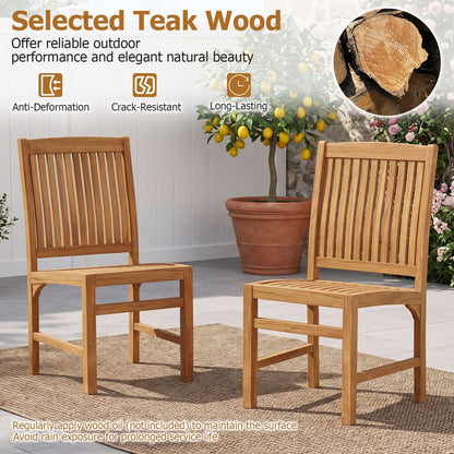 Teak Wood Armless Dining Chairs Set of 2 with Slatted Seat and H-Shaped Footrest