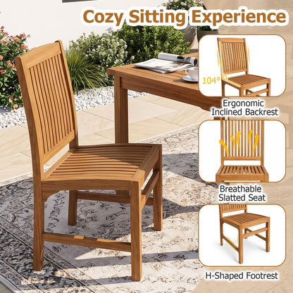 Teak Wood Armless Dining Chairs Set of 2 with Slatted Seat and H-Shaped Footrest
