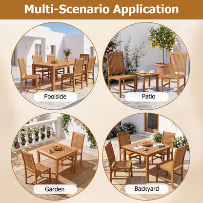 Teak Wood Armless Dining Chairs Set of 2 with Slatted Seat and H-Shaped Footrest