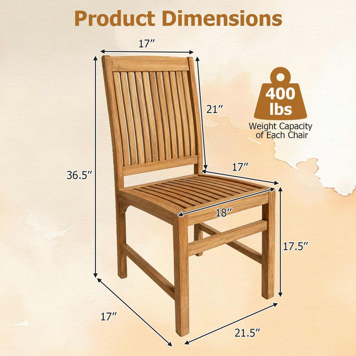 Teak Wood Armless Dining Chairs Set of 2 with Slatted Seat and H-Shaped Footrest