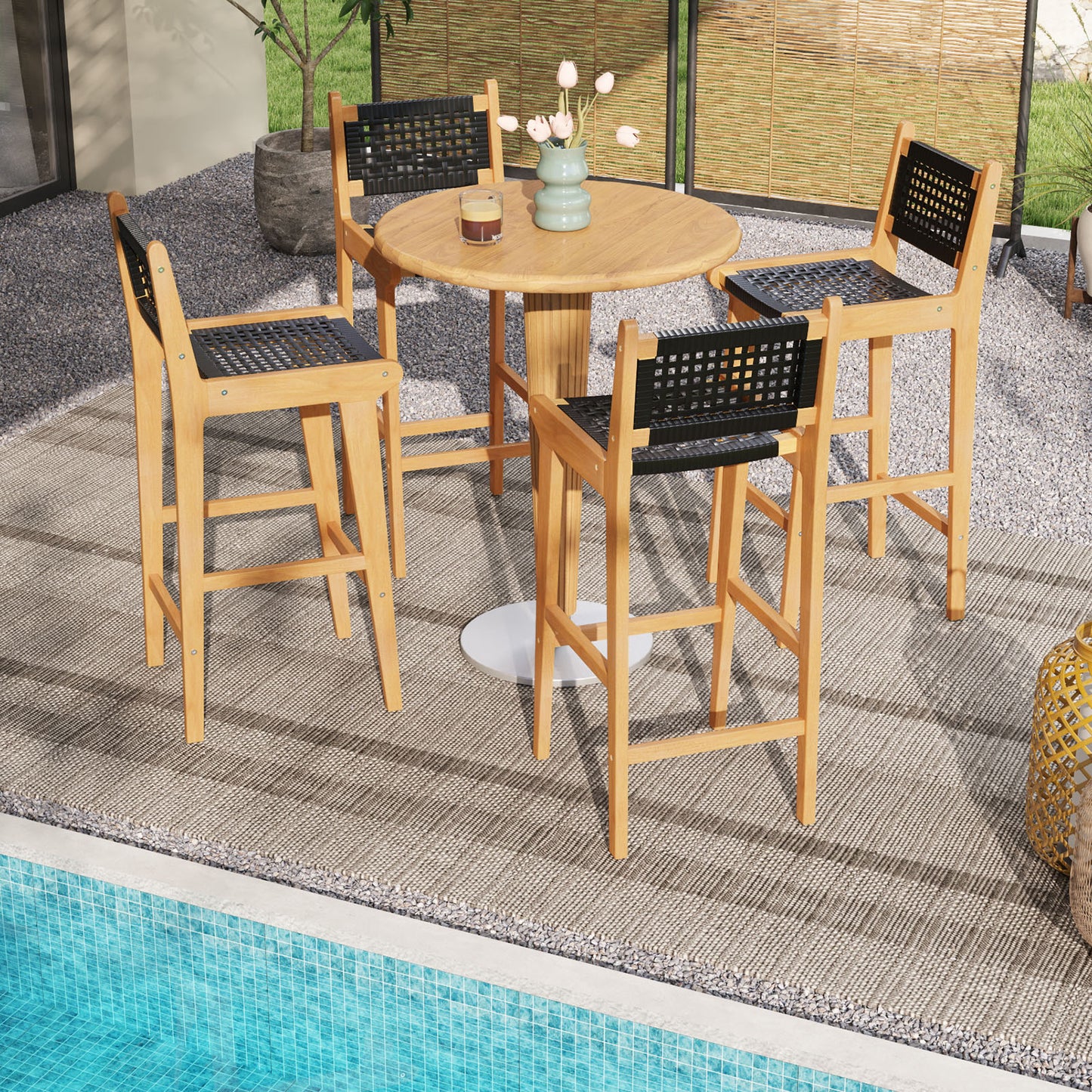 30 Inch Rattan Teak Wood Bar Stool with Backrest and Footrest