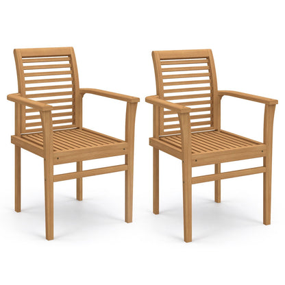 Teak Wood Dining Chairs Set of 2 with Inclined Backrest and Slatted Seat for Backyard