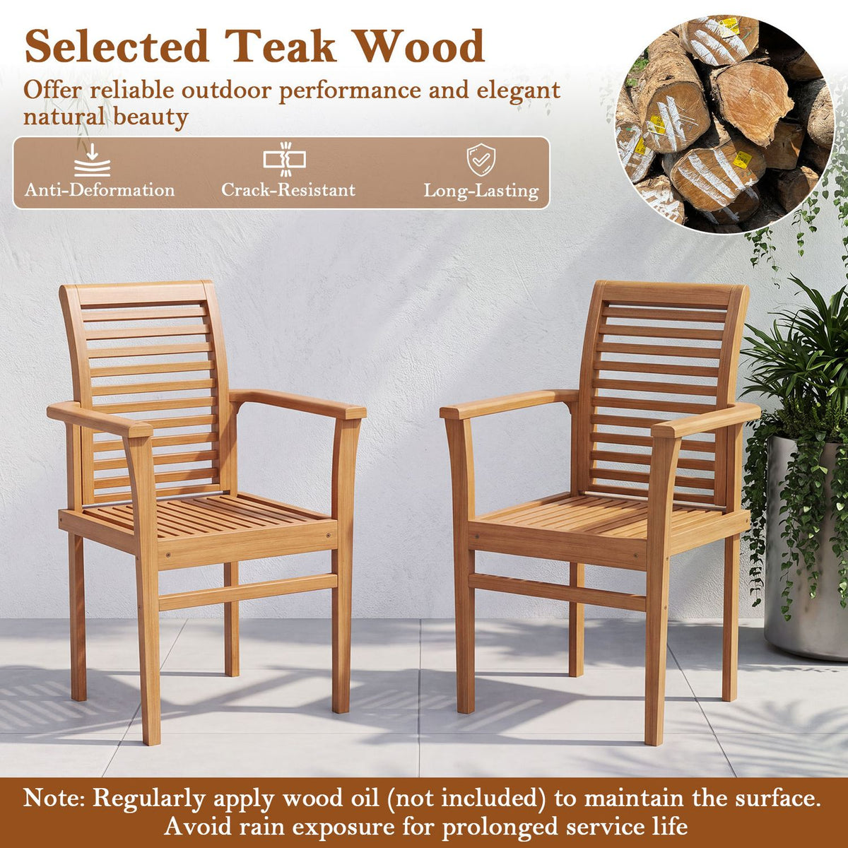 Teak Wood Dining Chairs Set of 2 with Inclined Backrest and Slatted Seat for Backyard