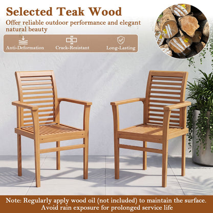 Teak Wood Dining Chairs Set of 2 with Inclined Backrest and Slatted Seat for Backyard