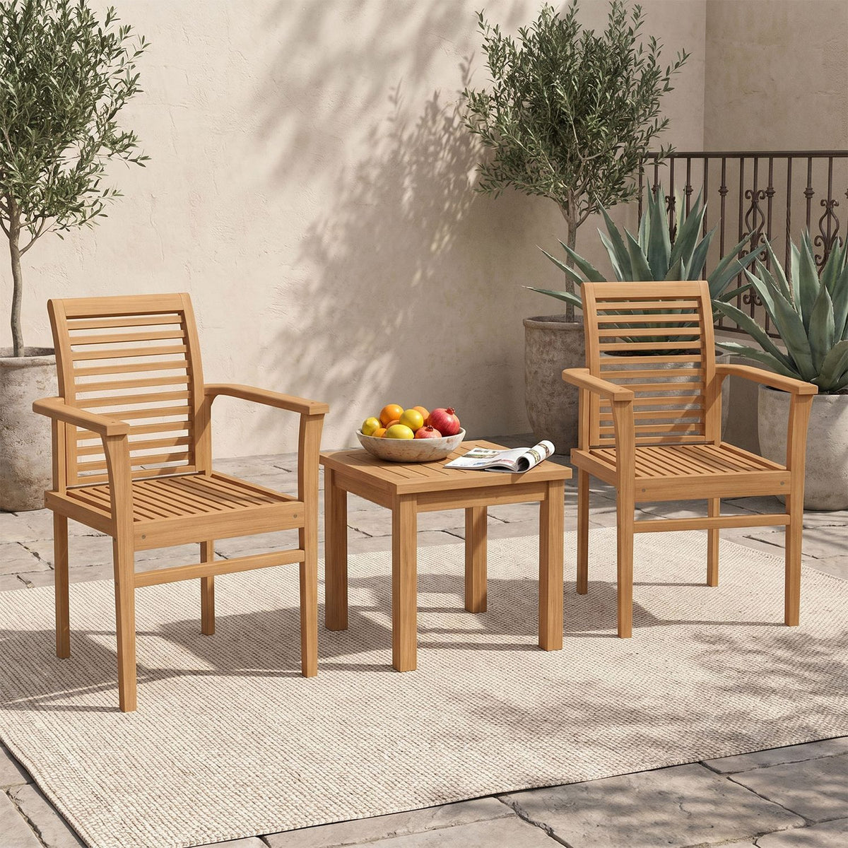 Teak Wood Dining Chairs Set of 2 with Inclined Backrest and Slatted Seat for Backyard
