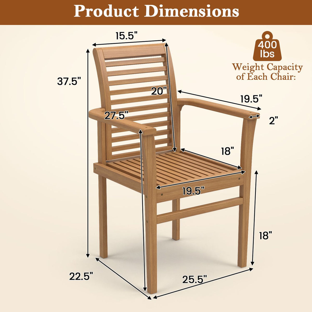 Teak Wood Dining Chairs Set of 2 with Inclined Backrest and Slatted Seat for Backyard