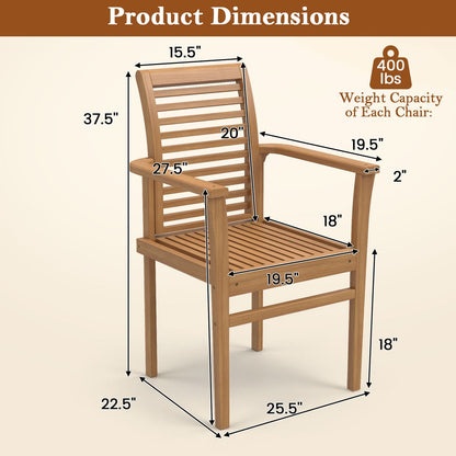 Teak Wood Dining Chairs Set of 2 with Inclined Backrest and Slatted Seat for Backyard