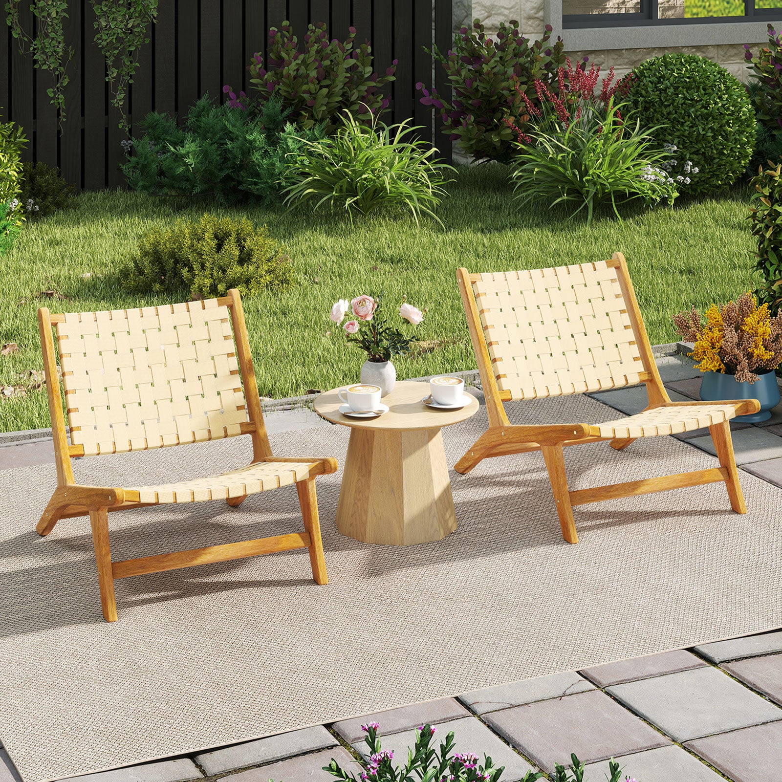 Teak Wood Patio Chair Armless with Webbing Seat and Backrest-Natural