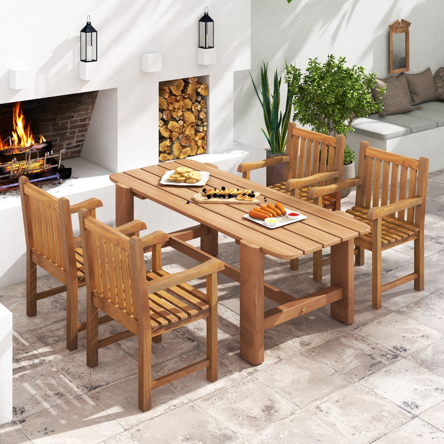 Teak Wood Patio Dining Chair with Slatted Seat Backrest and Solid Legs
