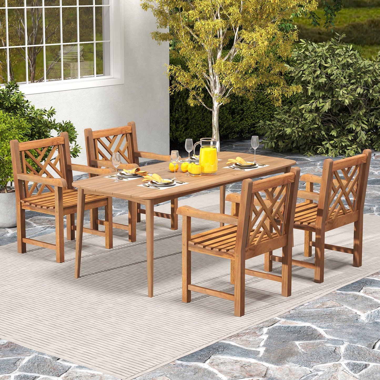 Teak Wood Patio Dining Chair with Slatted Seat Cross-Rhombus Backrest and Solid Legs