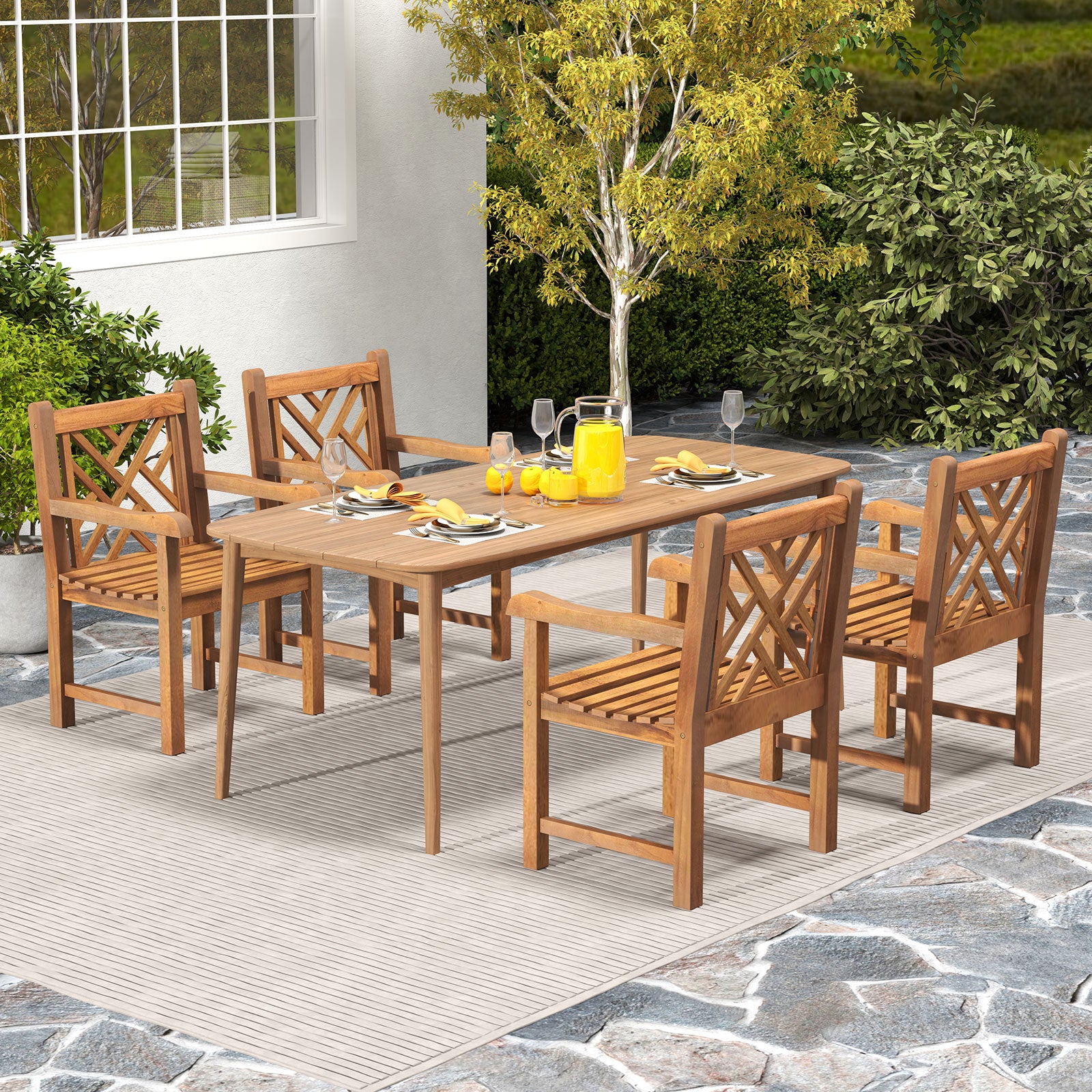 Teak Wood Patio Dining Chair with Slatted Seat Cross-Rhombus Backrest and Solid Legs