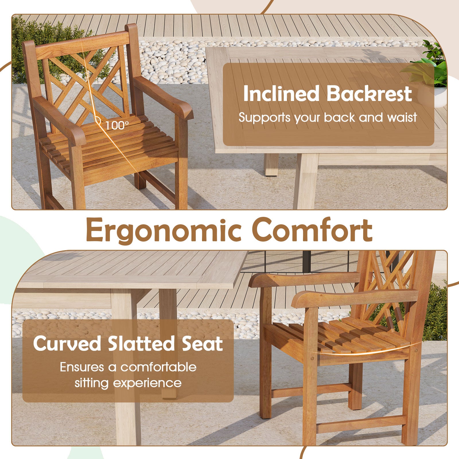 Teak Wood Patio Dining Chair with Slatted Seat Cross-Rhombus Backrest and Solid Legs