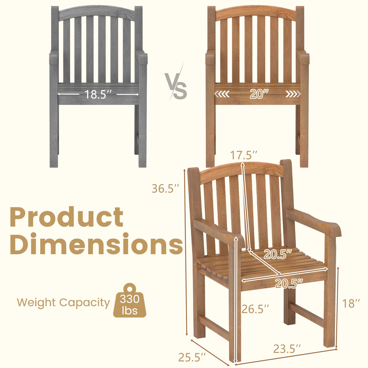 Patio Teak Wood Dining Chair with Slatted Seat Backrest and Solid Legs