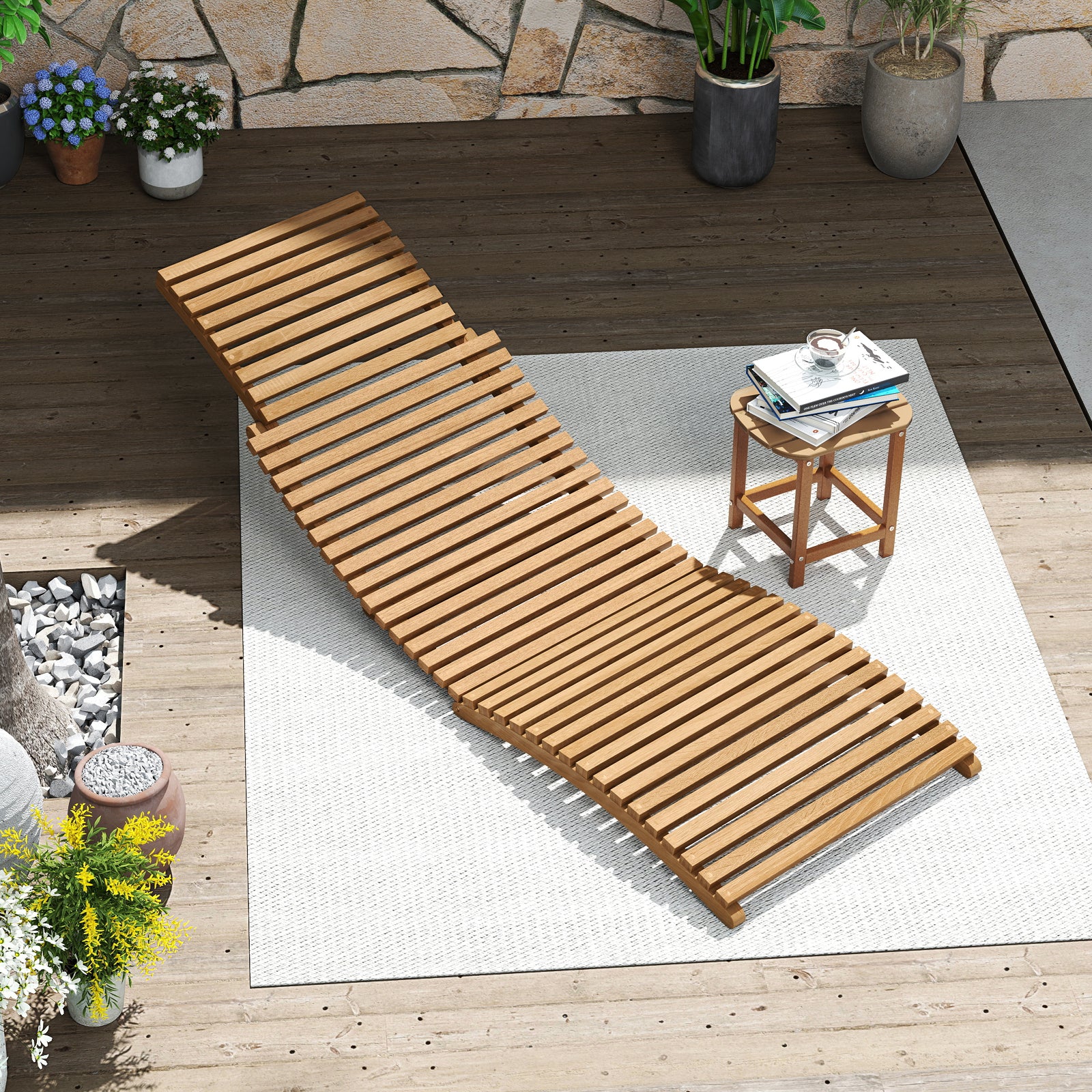 Teak Wood Patio Folding Chaise Lounge Chair with Slatted Seat-2