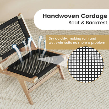 Indoor Outdoor Teak Wooden Chair with Handwoven Cordage Seat and Backrest