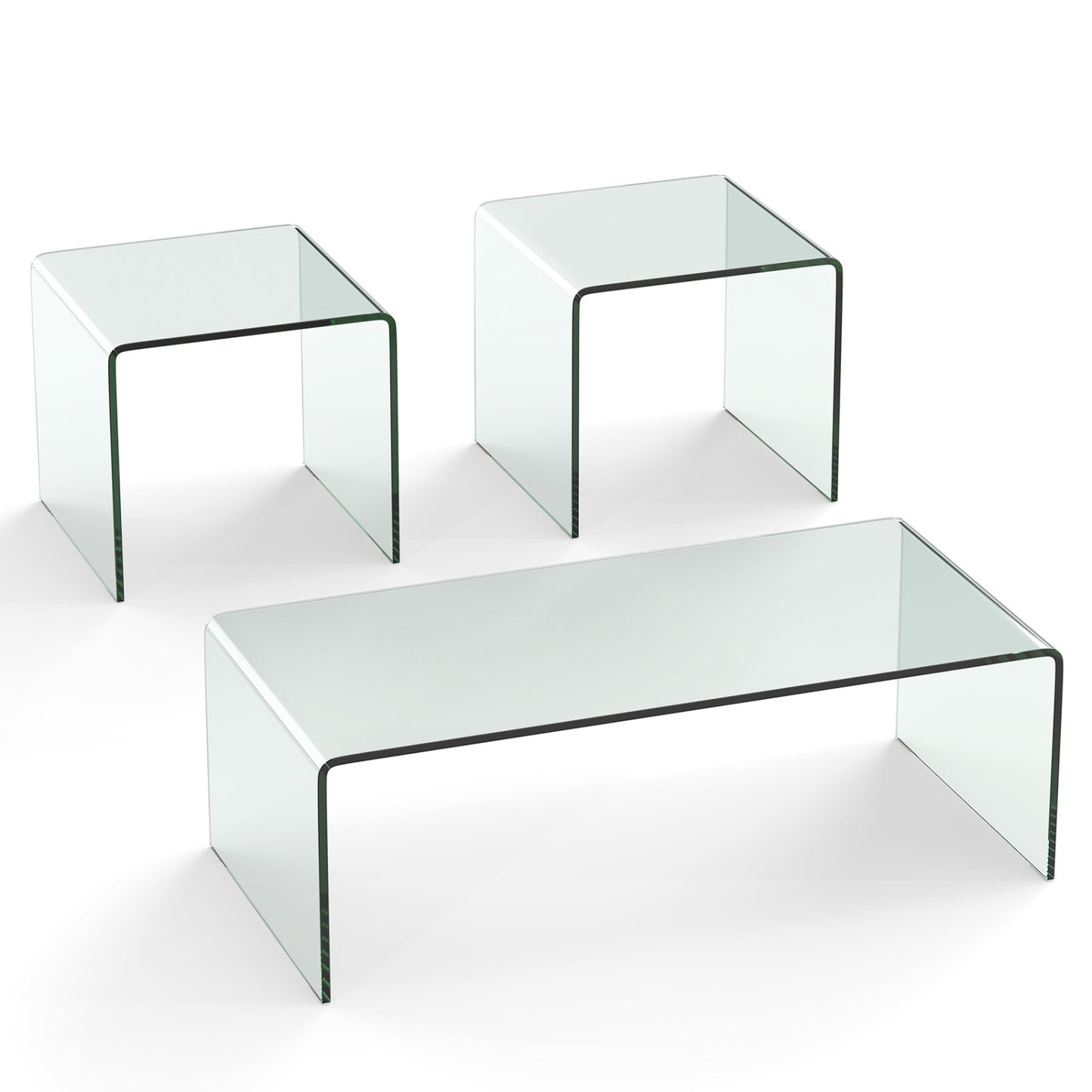 Tempered Glass Coffee Table Set of 3 with 1 Clear Coffee Table and 2 End Tables
