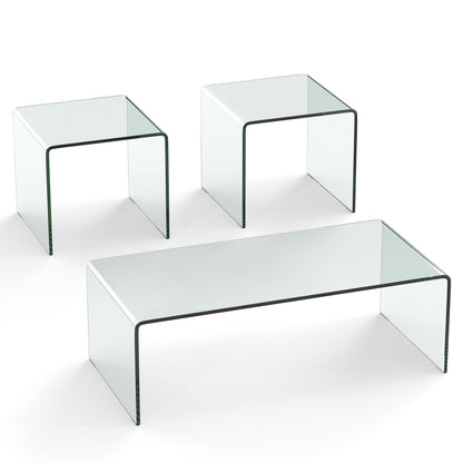 Tempered Glass Coffee Table Set of 3 with 1 Clear Coffee Table and 2 End Tables