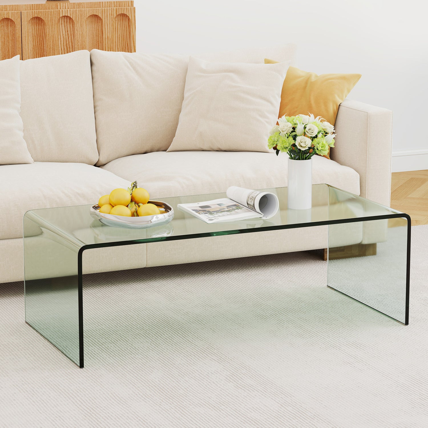 Tempered Glass Coffee Table Set of 3 with 1 Clear Coffee Table and 2 End Tables