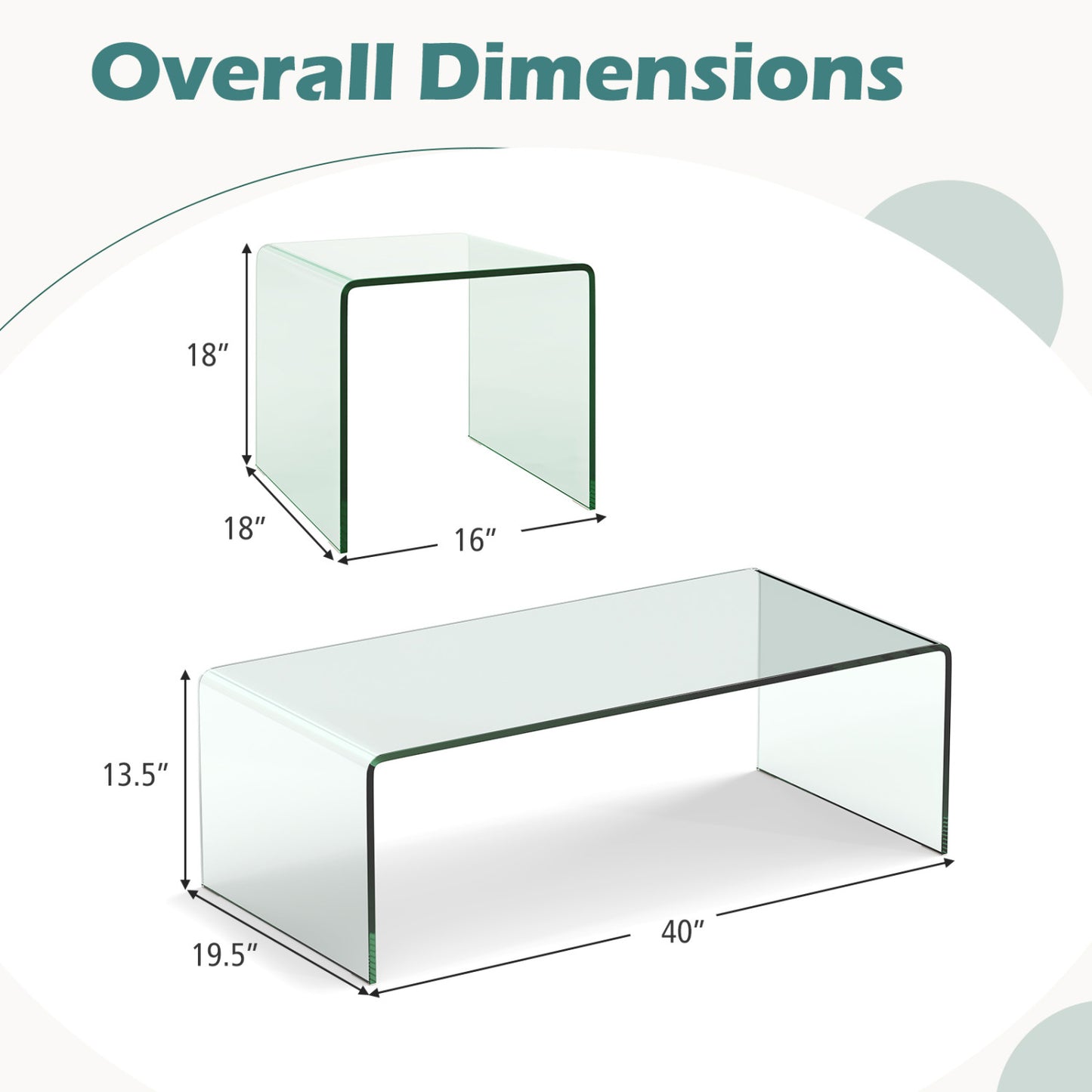 Tempered Glass Coffee Table Set of 3 with 1 Clear Coffee Table and 2 End Tables