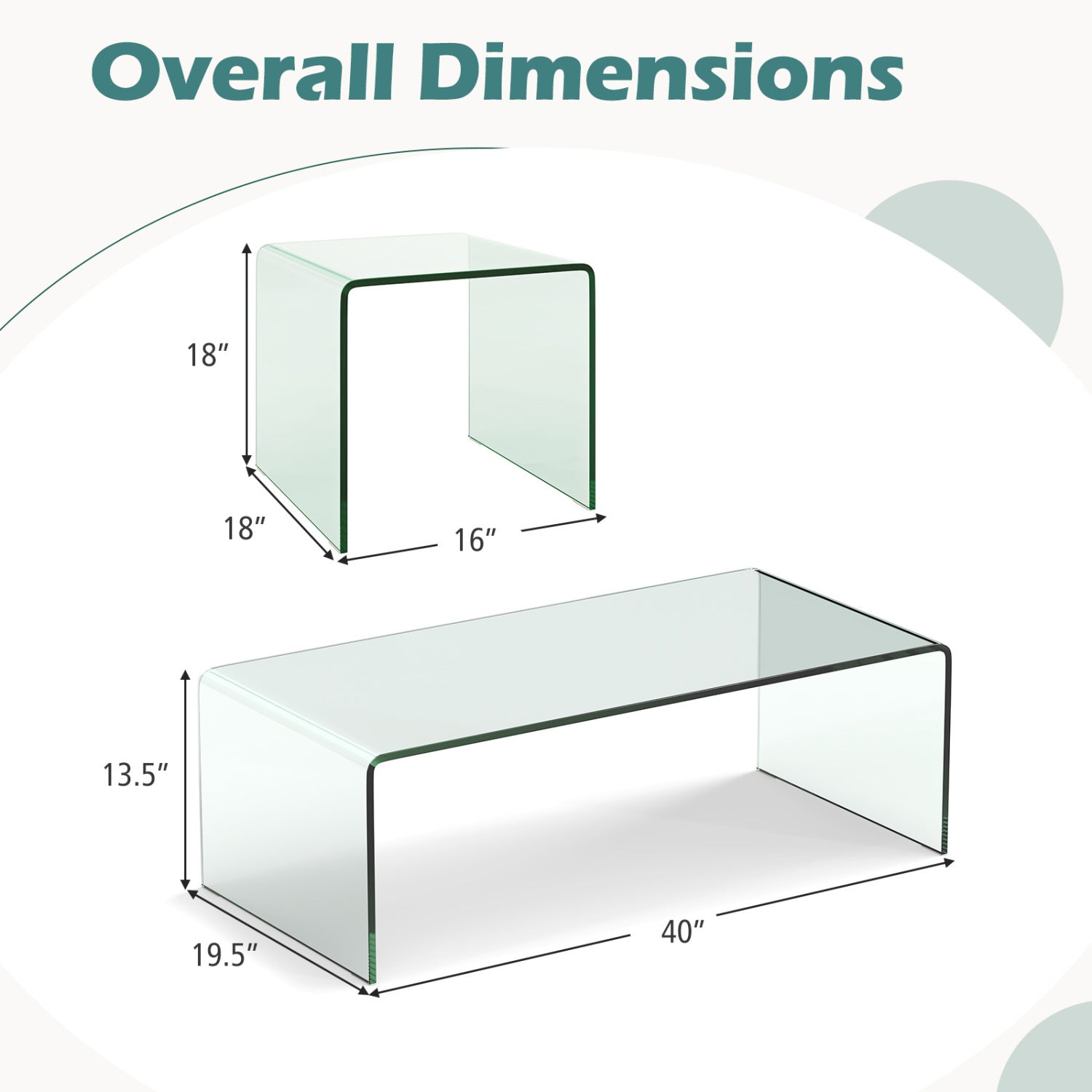 Tempered Glass Coffee Table Set of 3 with 1 Clear Coffee Table and 2 End Tables