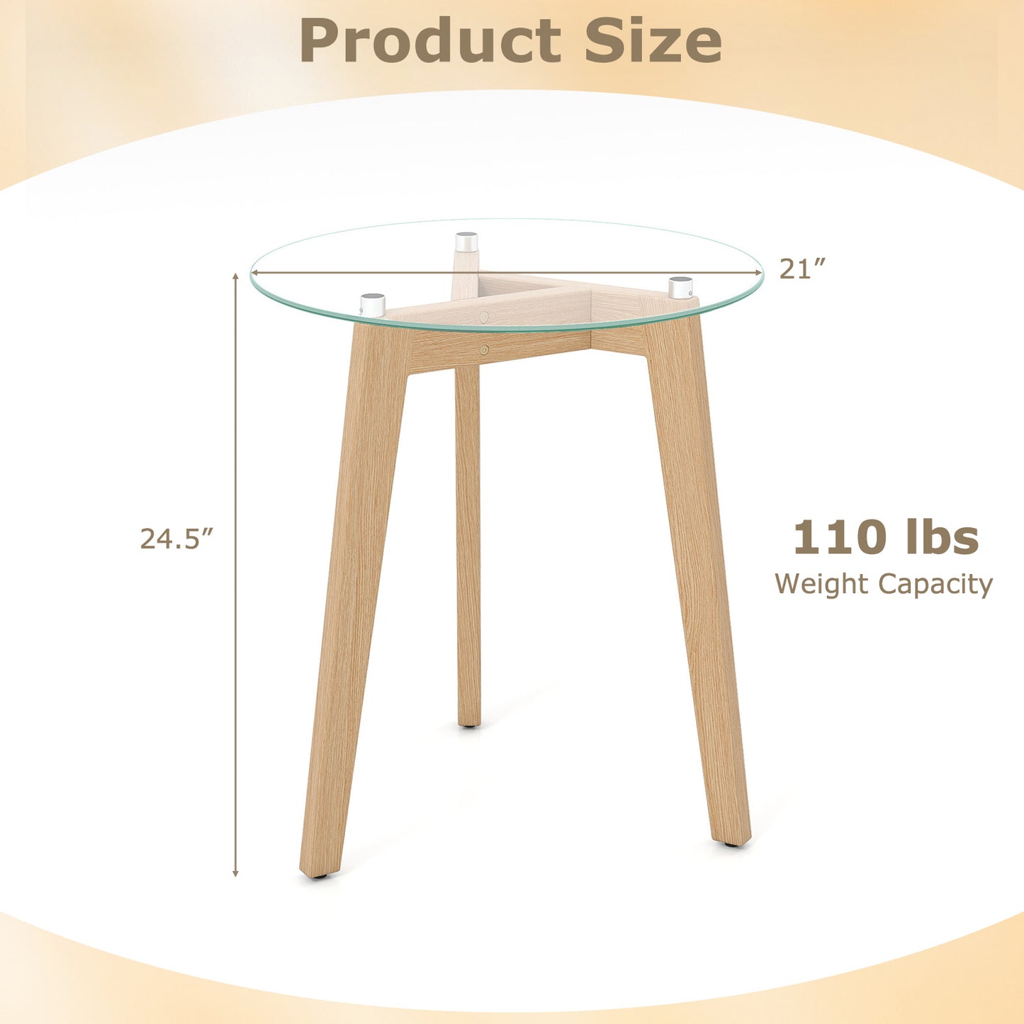 Tempered Glass End Table Round with Solid Rubber Wood Structure-1 Piece