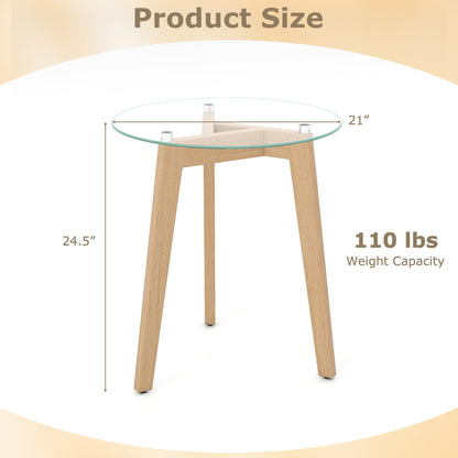 Tempered Glass End Table Round with Solid Rubber Wood Structure-1 Piece