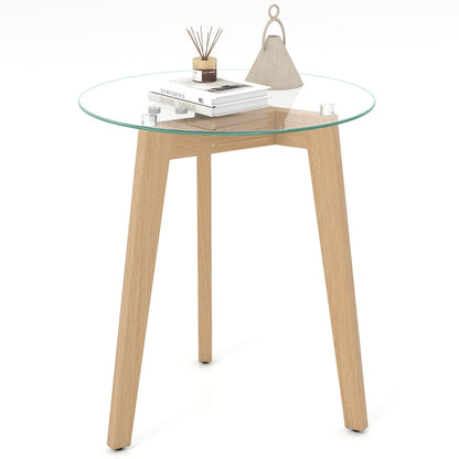 Tempered Glass End Table Round with Solid Rubber Wood Structure-1 Piece
