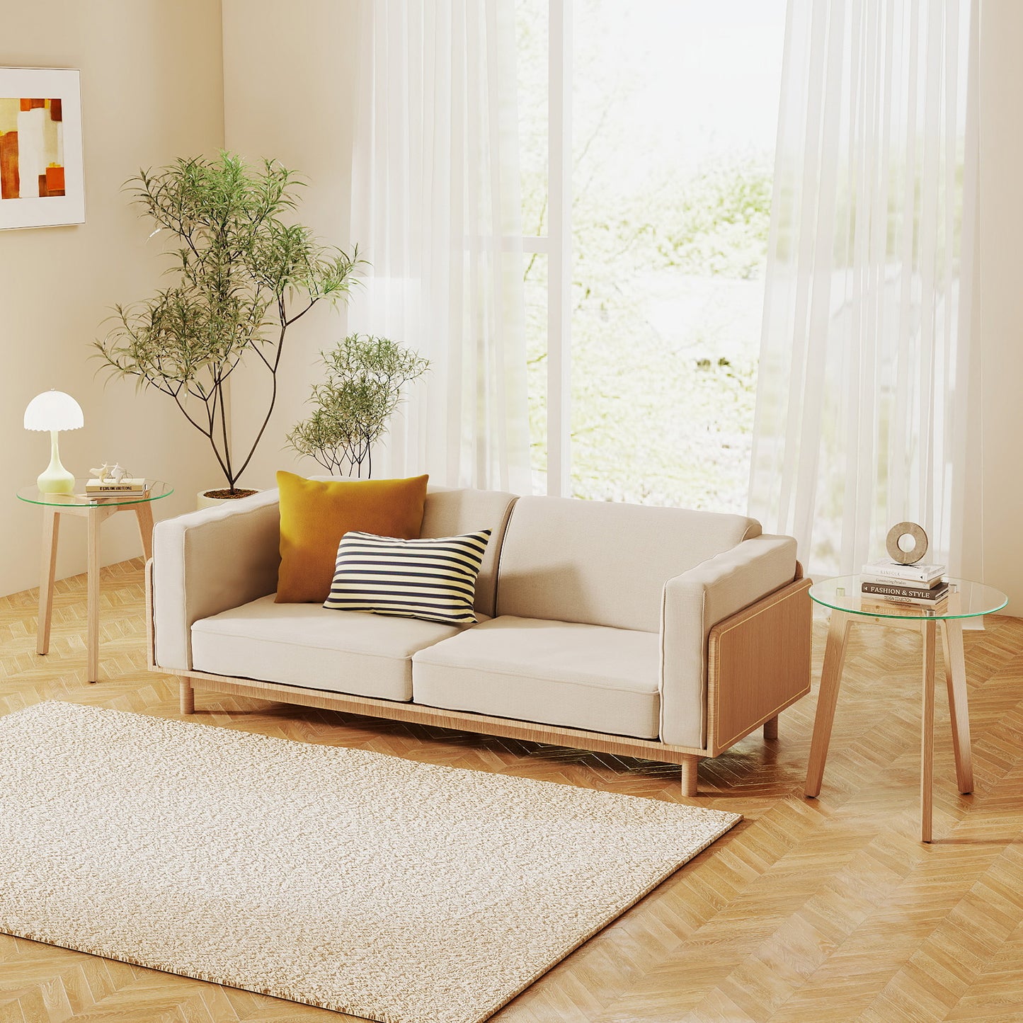 Tempered Glass End Table Round with Solid Rubber Wood Structure-1 Piece