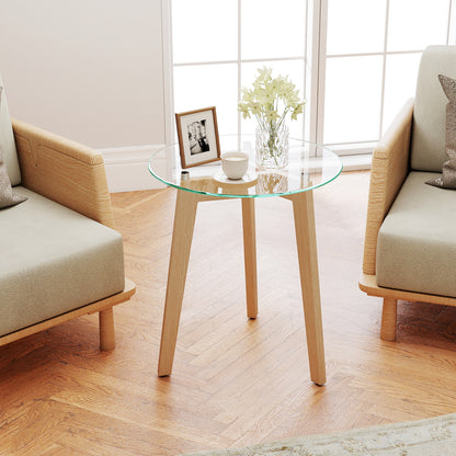 Tempered Glass End Table Round with Solid Rubber Wood Structure-Set of 2