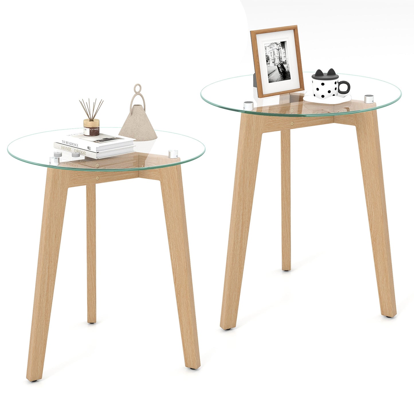 Tempered Glass End Table Round with Solid Rubber Wood Structure-Set of 2