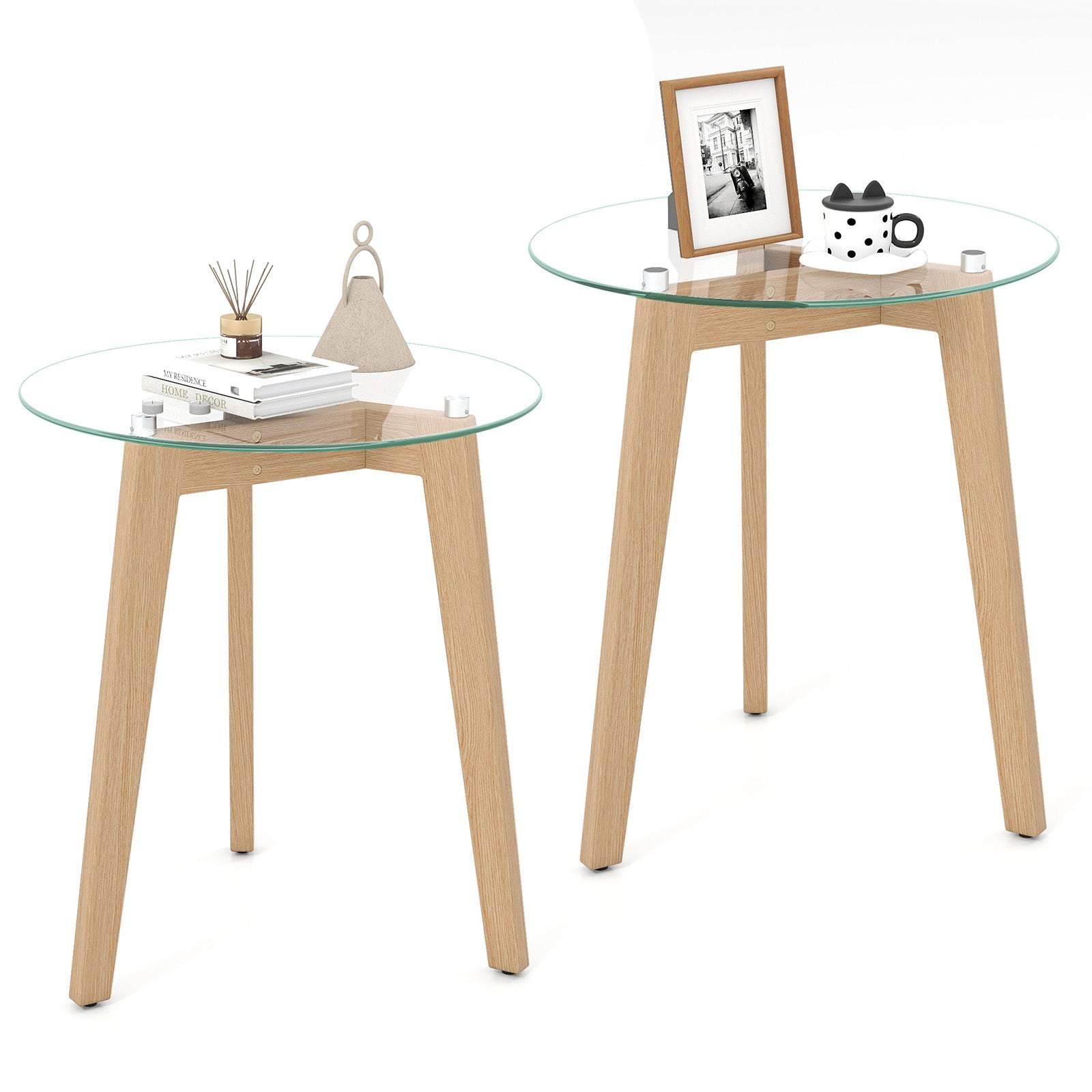 Tempered Glass End Table Round with Solid Rubber Wood Structure-Set of 2