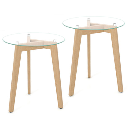 Tempered Glass End Table Round with Solid Rubber Wood Structure-Set of 2