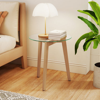 Tempered Glass End Table Round with Solid Rubber Wood Structure-Set of 2